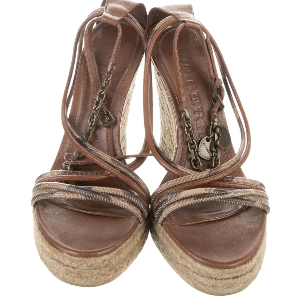 Burberry Brown Leather and Jute Espadrille Wedge Sandals